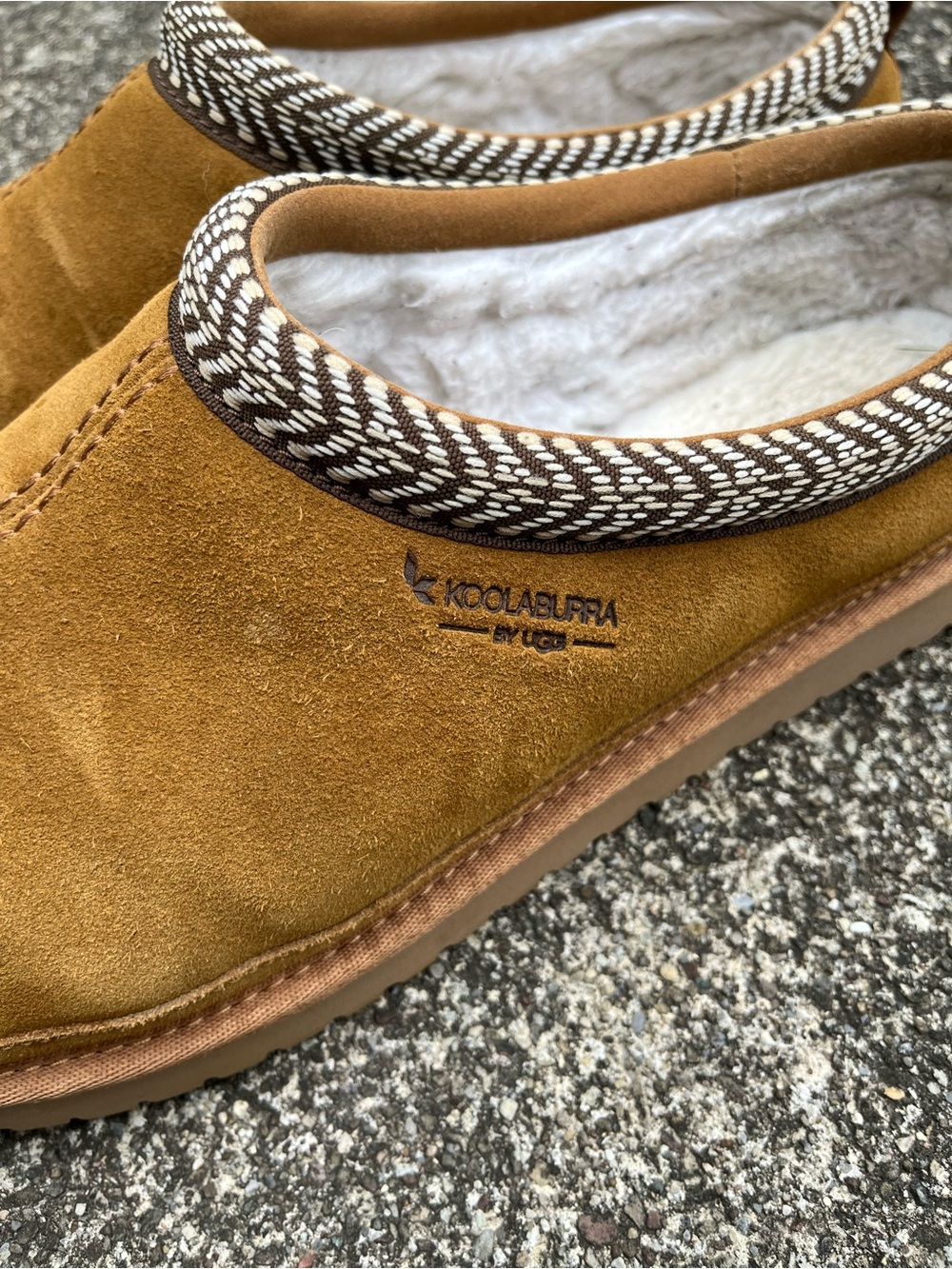 Ugg Koolaburra Men's Chestnut Brown Suede Slip-On Loafers with Knit Trim